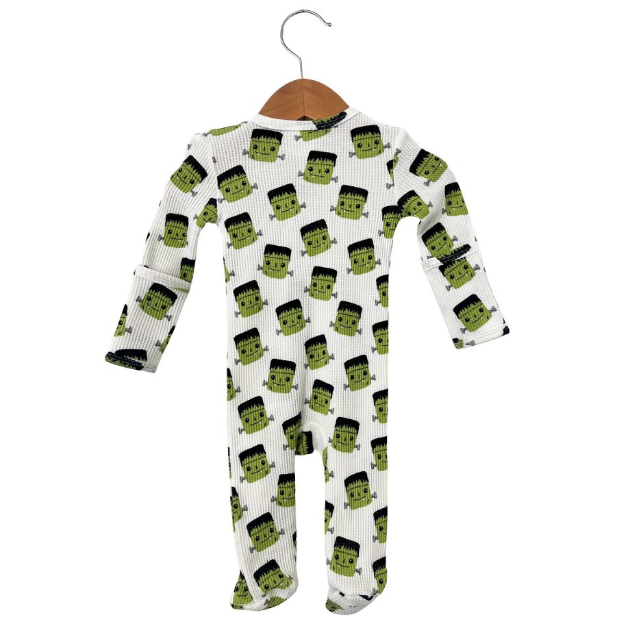 Boy SpearmintLOVE | Organic Waffle Basic Zip Footie, Halloween Monster