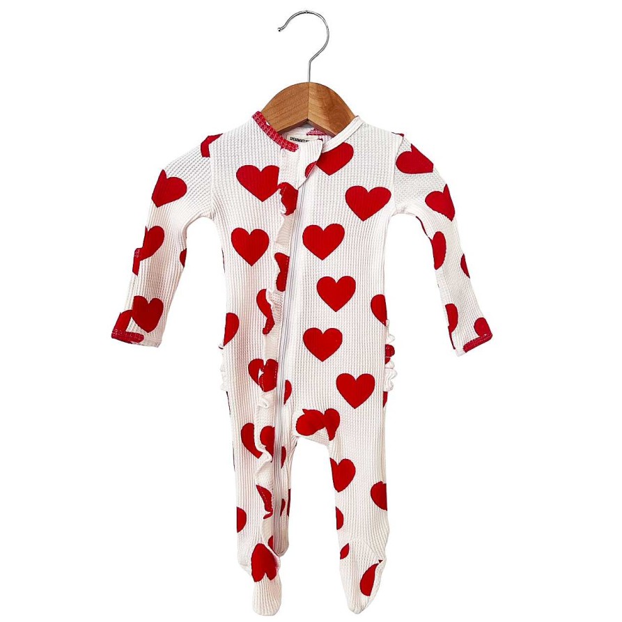 Girl SpearmintLOVE | Organic Waffle Ruffle Zip Footie, Red Heart