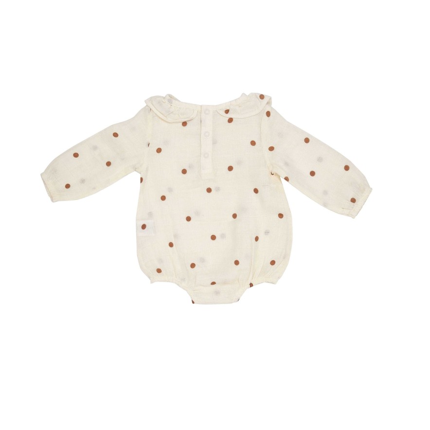 Girl Angel Dear | Muslin Ruffle Collar Bubble Bodysuit, Cashew Polka Dot