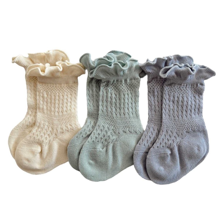 Accessories Sold by SpearmintLOVE | 3-Pack Ruffle Knit Socks, Ivory, Light Green, Light Blue