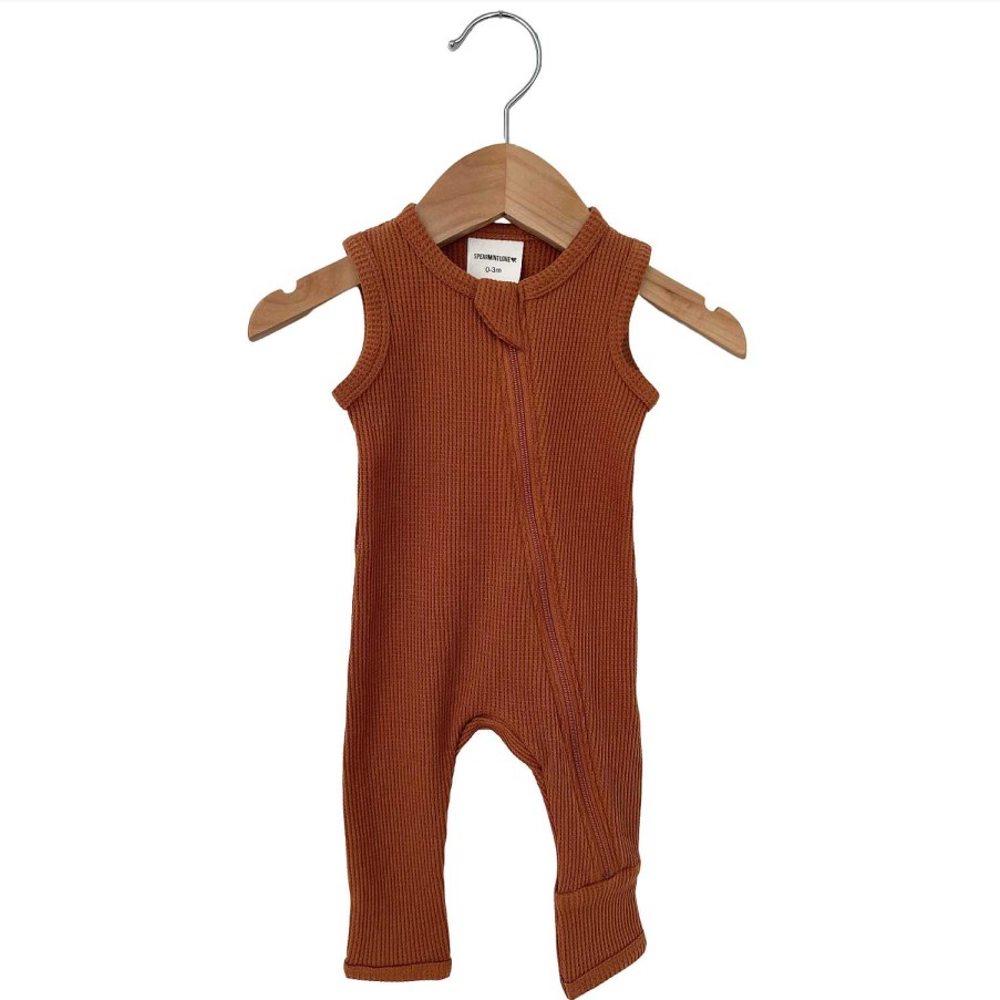 Boy SpearmintLOVE | Organic Waffle Sleeveless Zip Romper, Caramel